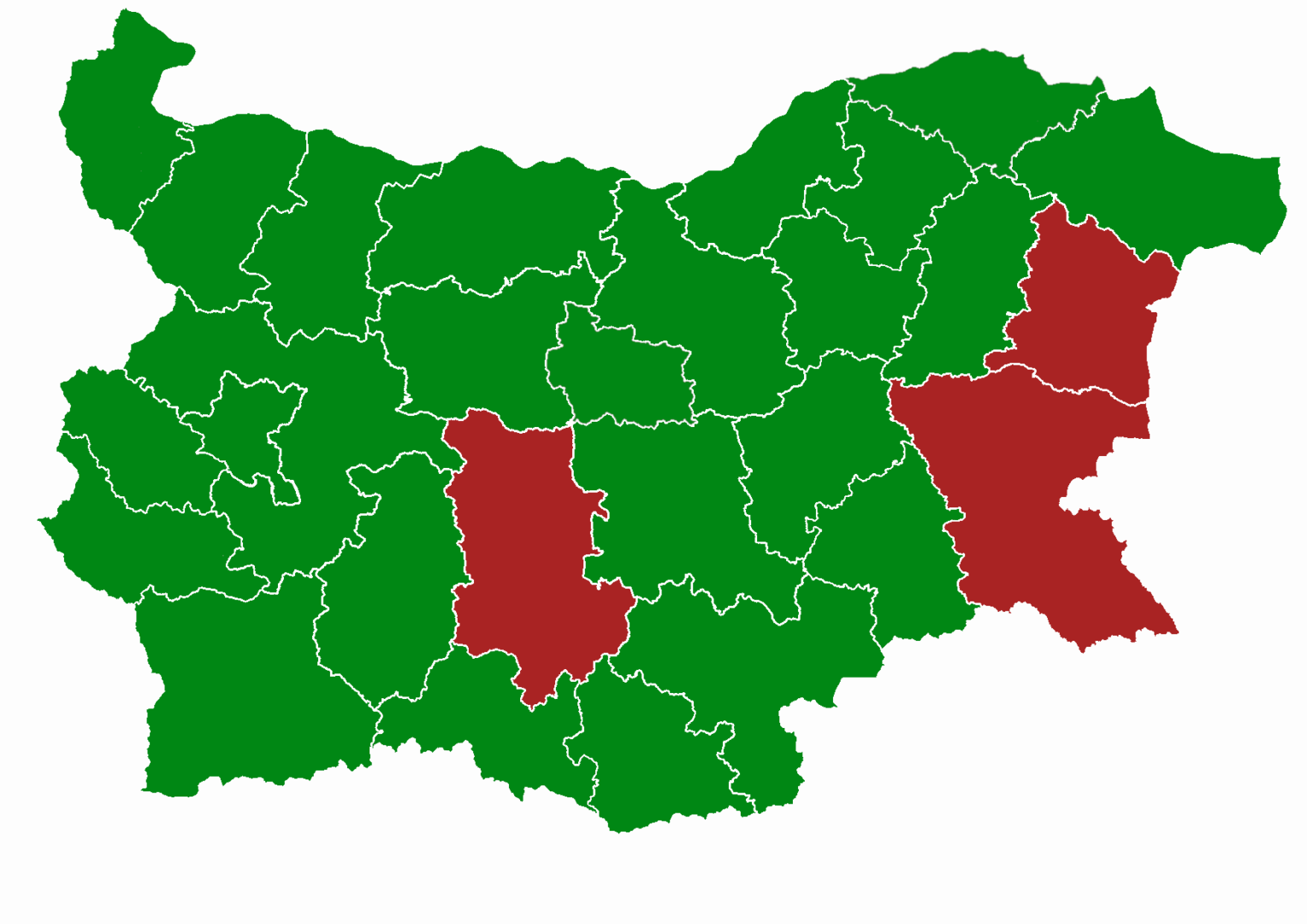 Карта на България показваща областите с грипна епидемия.