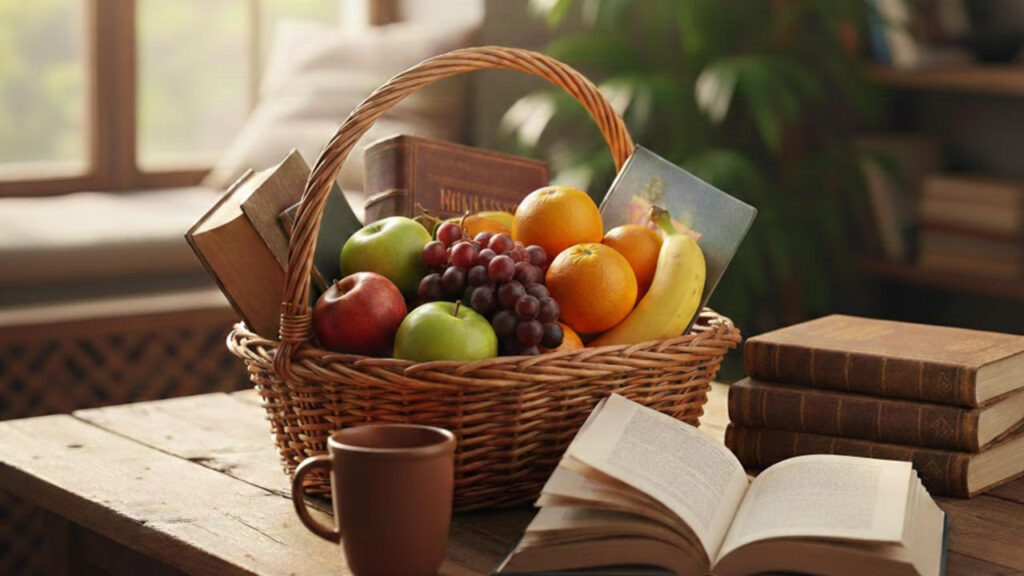 Снимка с кошница плодове и книги.